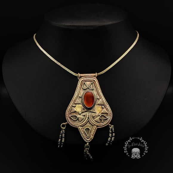 Antique Jewelry - Antique Low Silver and Brass Turkman Asysk Talisman Pendant with Carnelian Stone